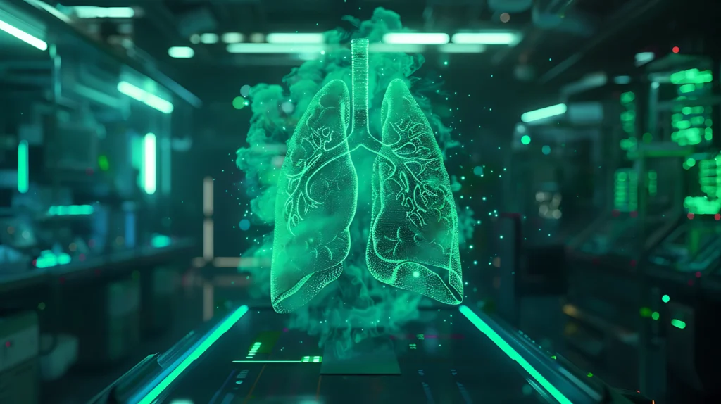 holograficzna wizualizacja płuc na futurystycznym tle