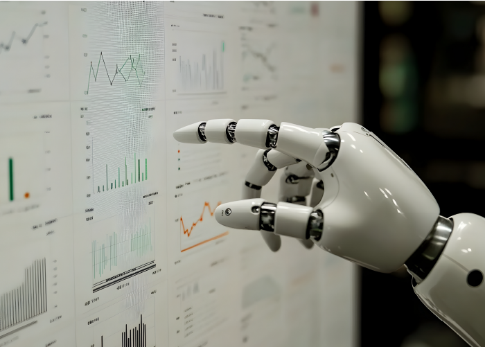 dłoń robota wskazująca na wykres
